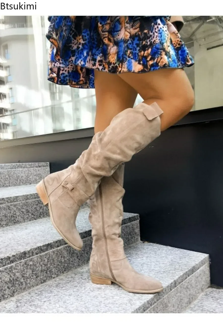 2024Women's Long Boots Low Heel Zipper Ladies High Boots Suede Pointed Toe Fashion Retro Solid Knight Modern Shoes Bota Feminina