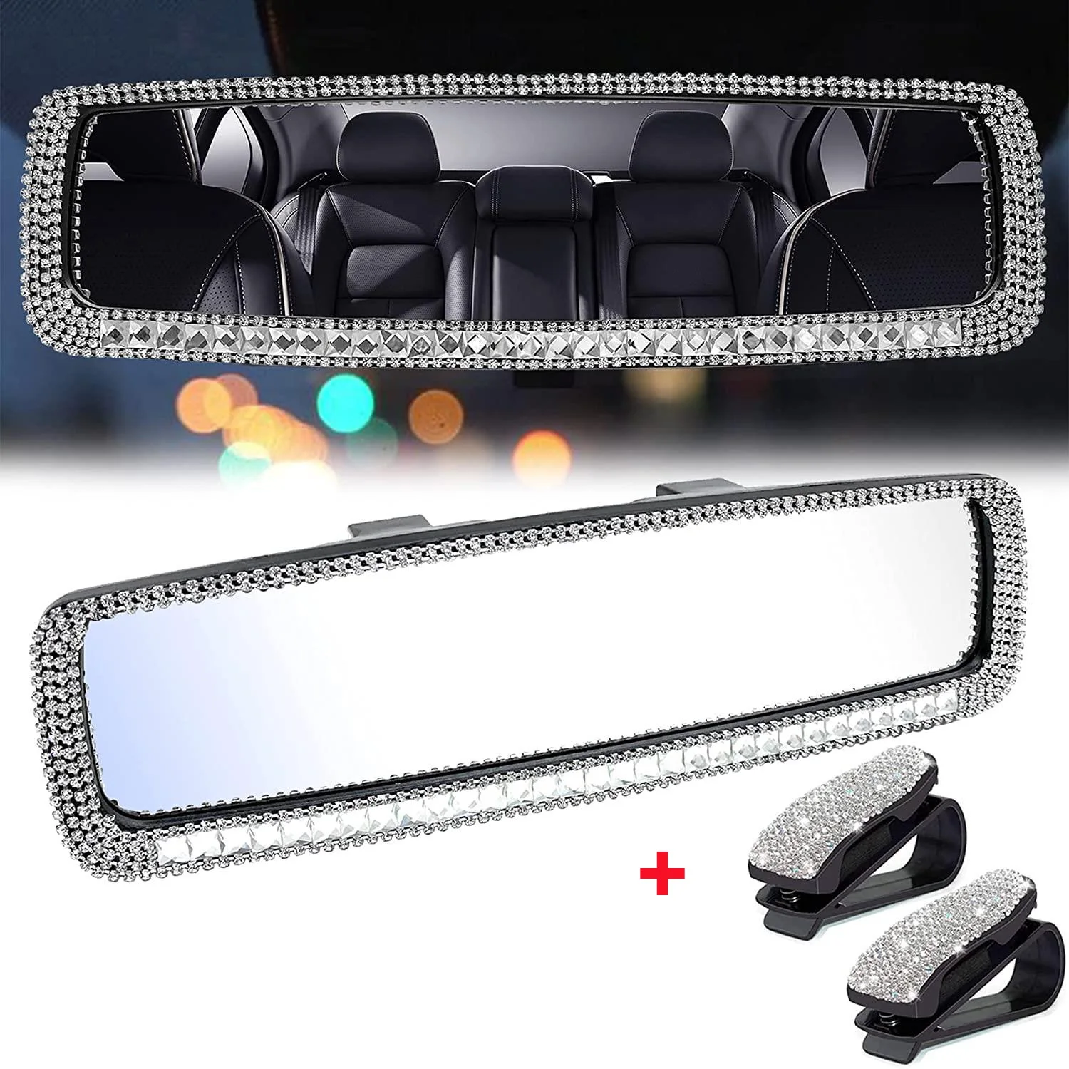 3PCS Bling Car Rearview Mirror Cover Crystal Diamond Decoration And Rhinestone Sunglasses Holder Clip Interior Accessories