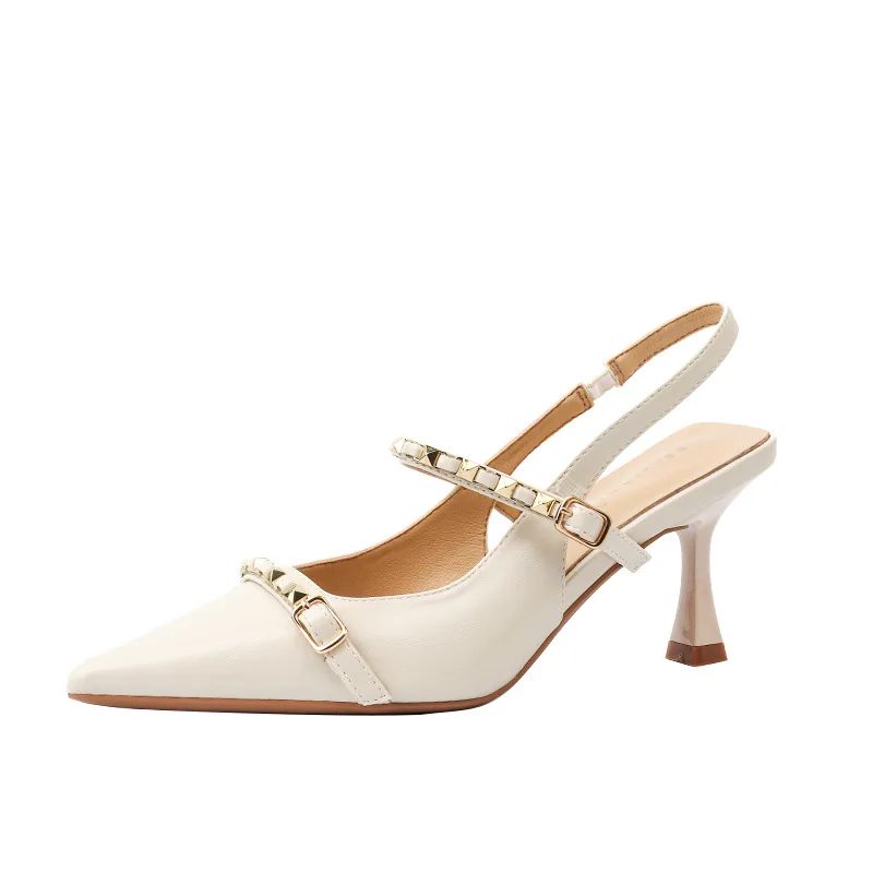 Sheepskin rivet decoration pointed high heels, women's slim heels, one line with toe sandals, exuding a summer vibe