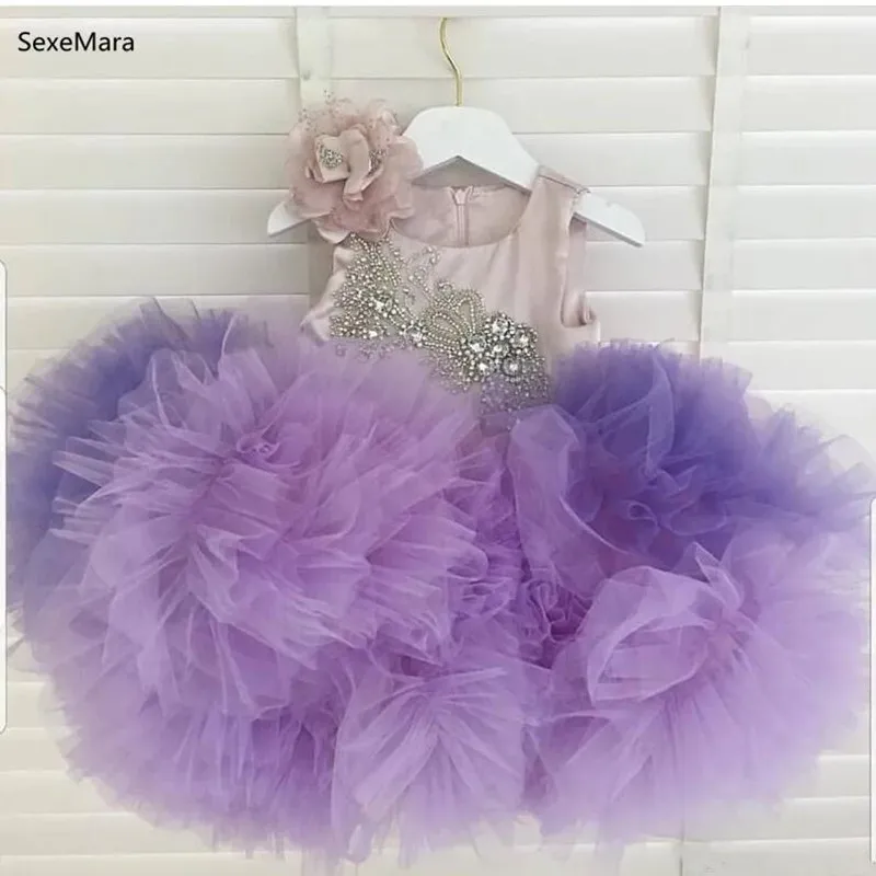 

New Purple Baby Girls Clothes Crystals Beads Top Puffy Organza Knee Length Children Kids Clothes Size 12M 24M Custom Made