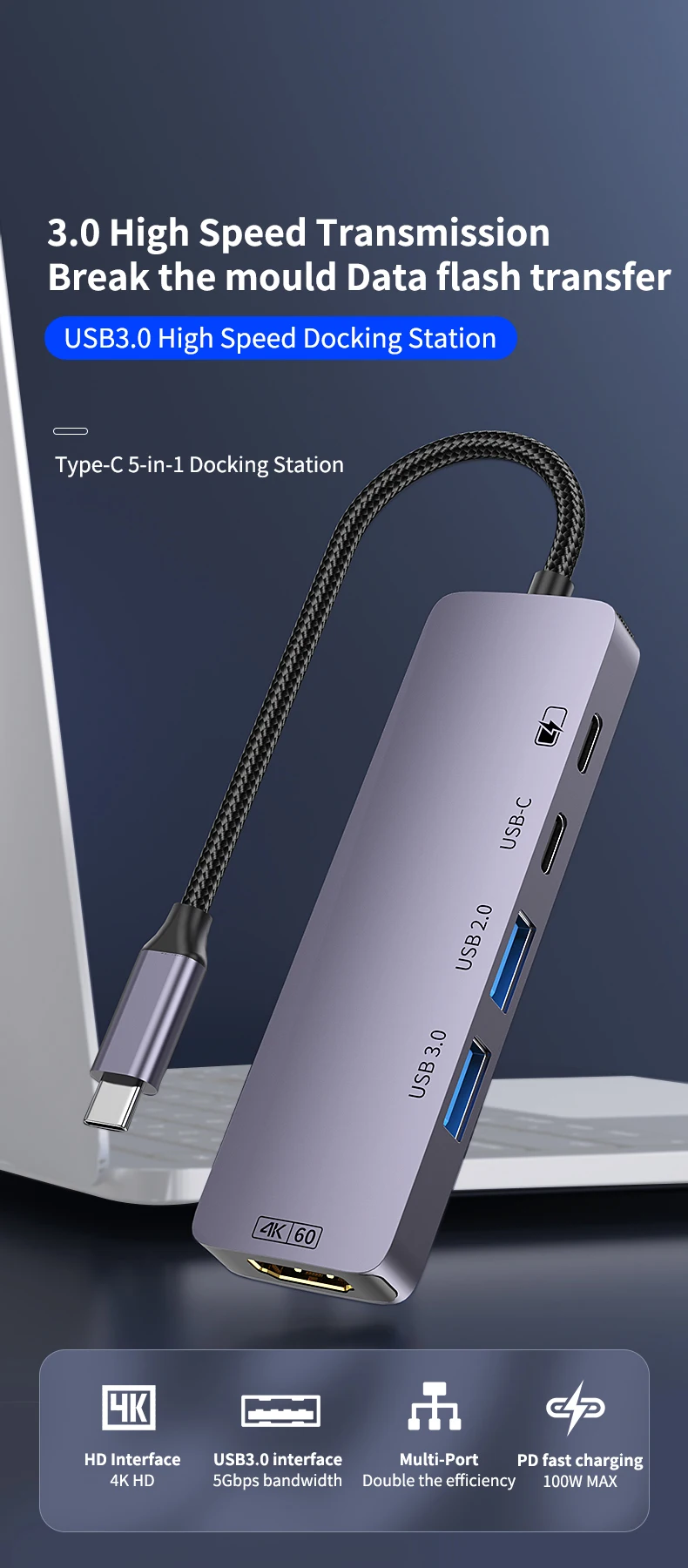 5-in-1 Typ-C Multifunktions-Dockingstation HD 4K@60Hz USB 3.0 USB 2.0 5Gbps Splitter-Hub PD 100W Schnellladung für PC Laptop – Detail 1