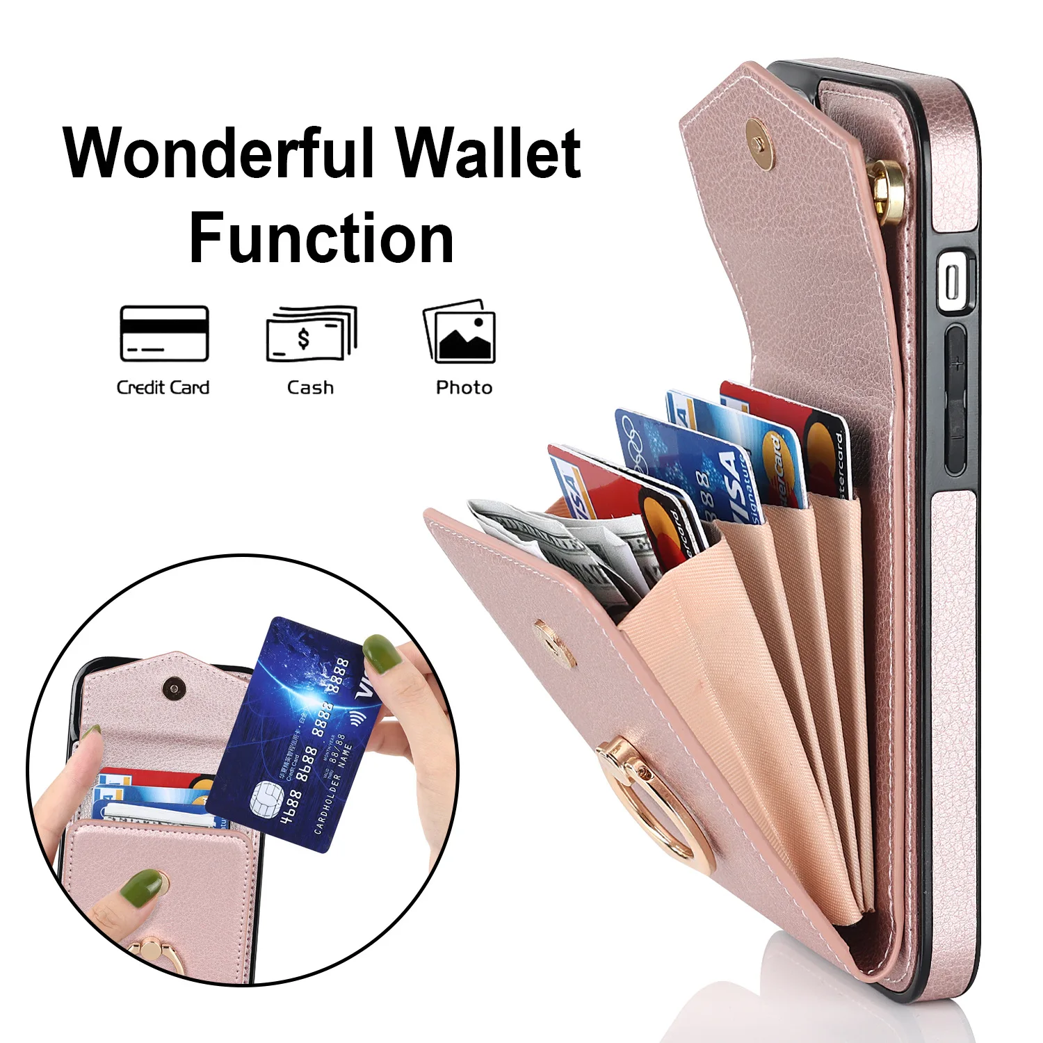 Multi Card Slot With Finger Ring Phone Cover For Iphone 14 Plus 13 12 Mini 11 Pro Max Xr Xs 7 8 Plus Se 2020 Wallet Lanyard Case