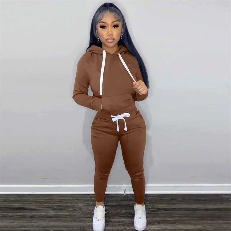 Solid Fleece Two Piece Set Women Autumn Winter Tracksuits Drawstring Long Sleeve Hoodies Top Pockets Pants Jogger Suit disney winnie the pooh fashion jacket pockets pullover long sleeve hooded spring autumn sweatshirt clothing loose hoodies street