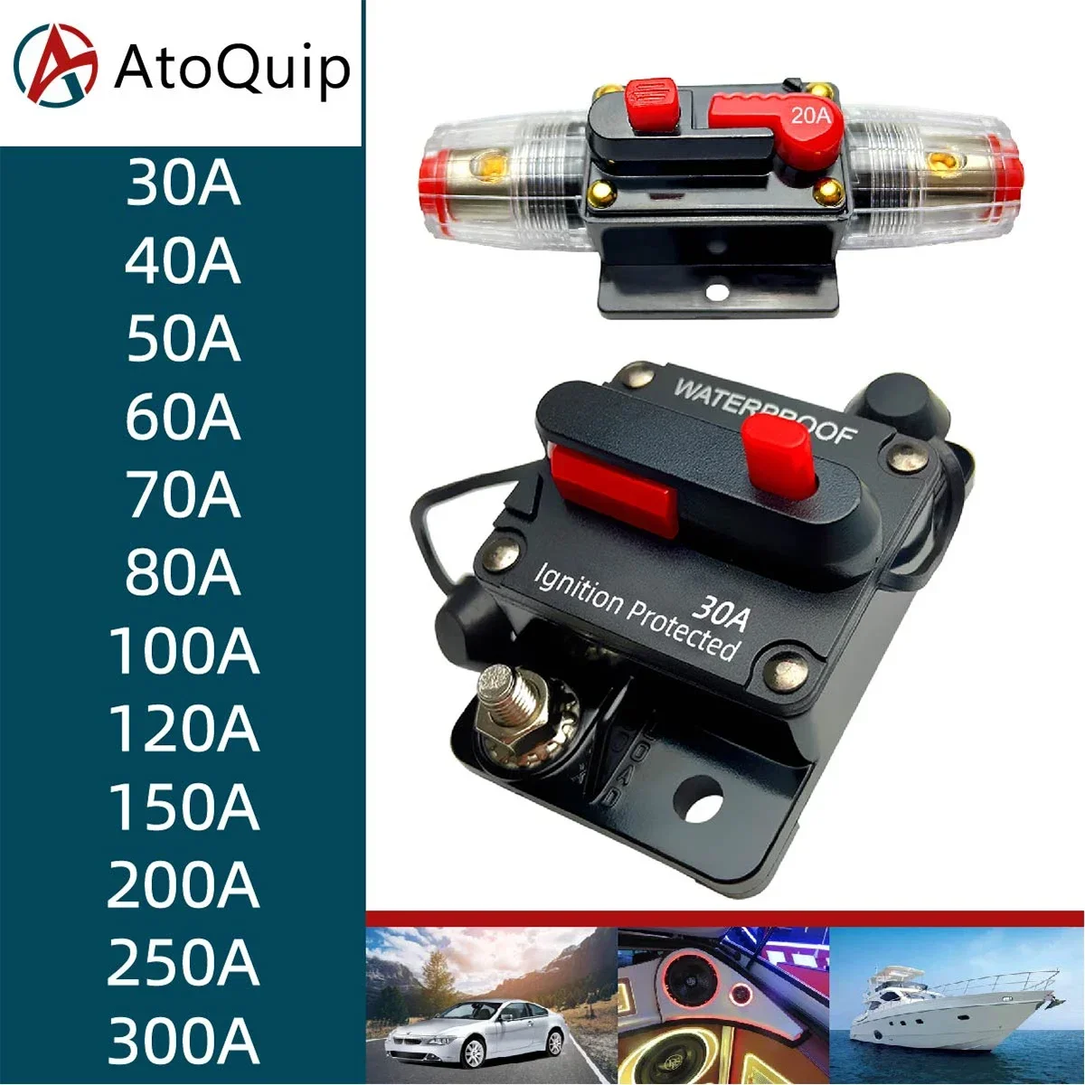 Circuit Breaker Fuses for Boat Audio 12V Trolling Manual Reset Manual Power Protect Waterproof 30A 50A 80A 100A 200A 300A