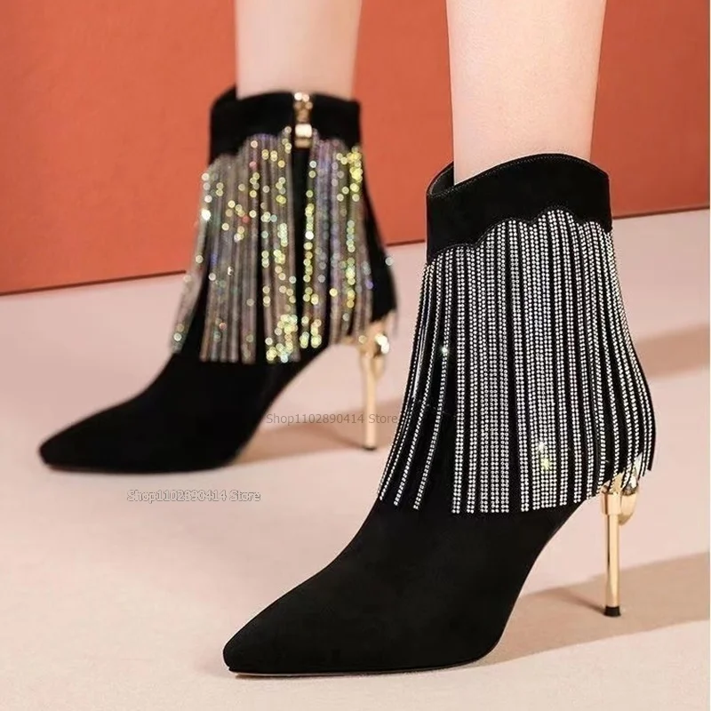 

Crystal Tassels Decor Black Flock Pumps Mid Calf Metal Heel Women Shoes Side Zipper Thin High Heels Pointy Toe Zapatillas Mujer