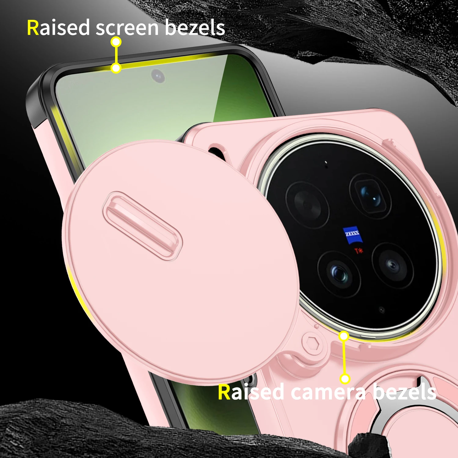 Luxury Slide Camera Hybrid Matte Phone Cover with Rugged Bracket Ring Grip and Wireless Charging Capability
