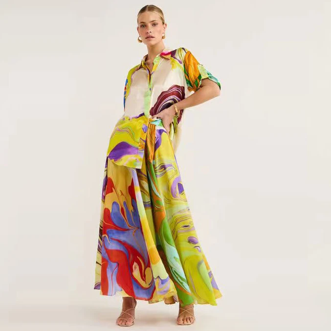 

Elegant Commuter Chic Printed Satin Casual Skirt Set