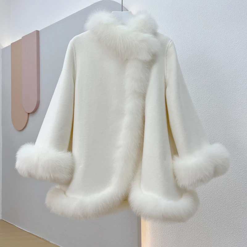 RosEvans Solid New Cloak Real Fox Fur Wool Coat Midi Double-sided Cashmere Jacket Chinese Style Fashion Female Fit Autumn Winter japanese style 2021 new autumn and winter detachable fox fur collar cashmere double sided wool women loose fashion pink coat