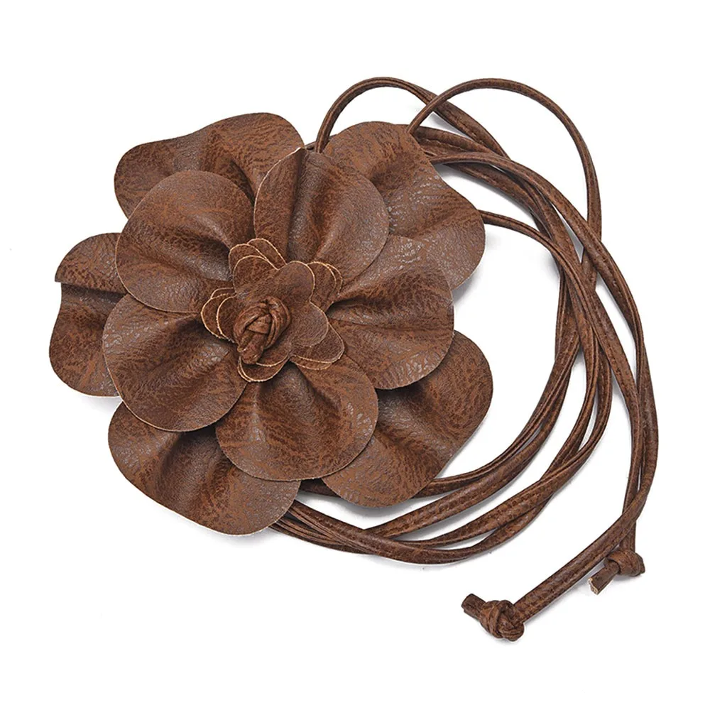 Elegant Floral PU Leather Belt with Decorative Rope Design