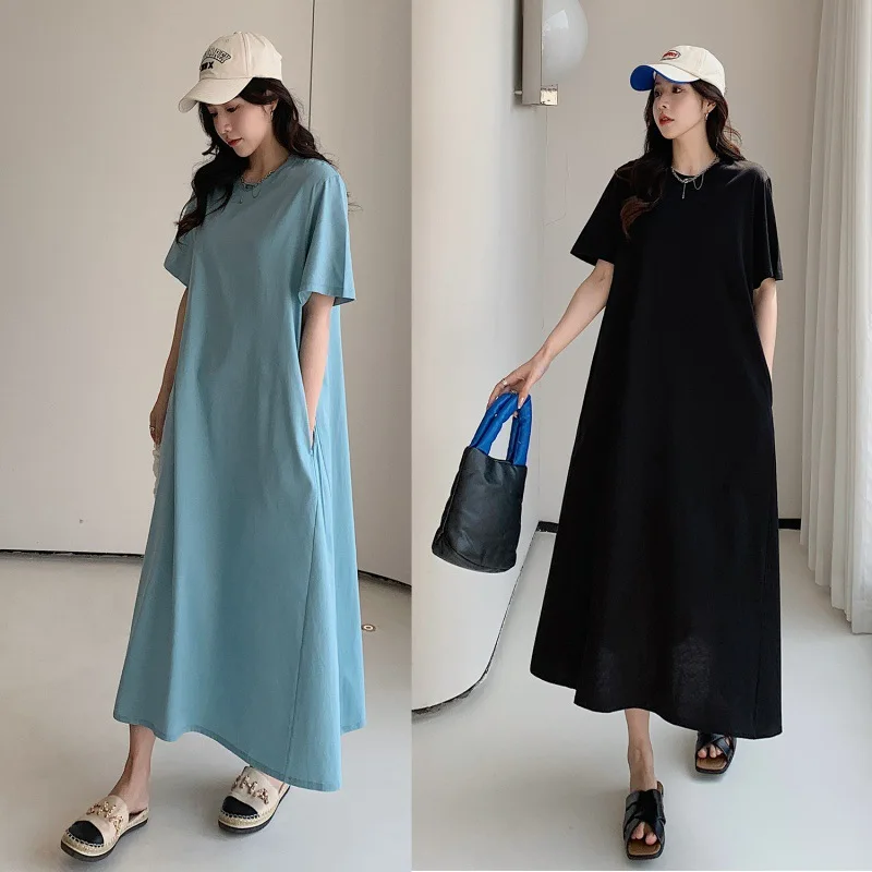 

2024 Summer New Solid Color Dress Loose Large Size Long Over Knee T-shirt Long Dress