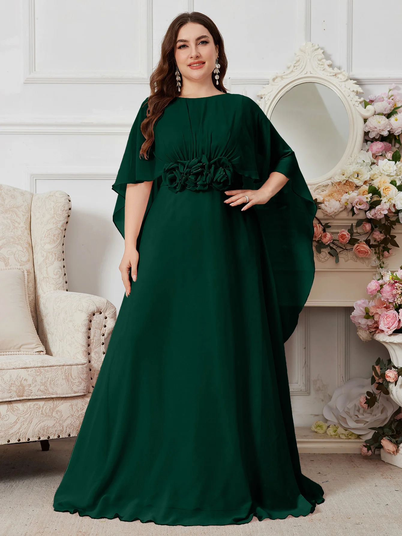 UNITHORSE Rosa Elegantes Abendkleid mit Rundhalsausschnitt, Kurzarm, Taillierung und 3D-Blumendetails, Vollrock-Kleid