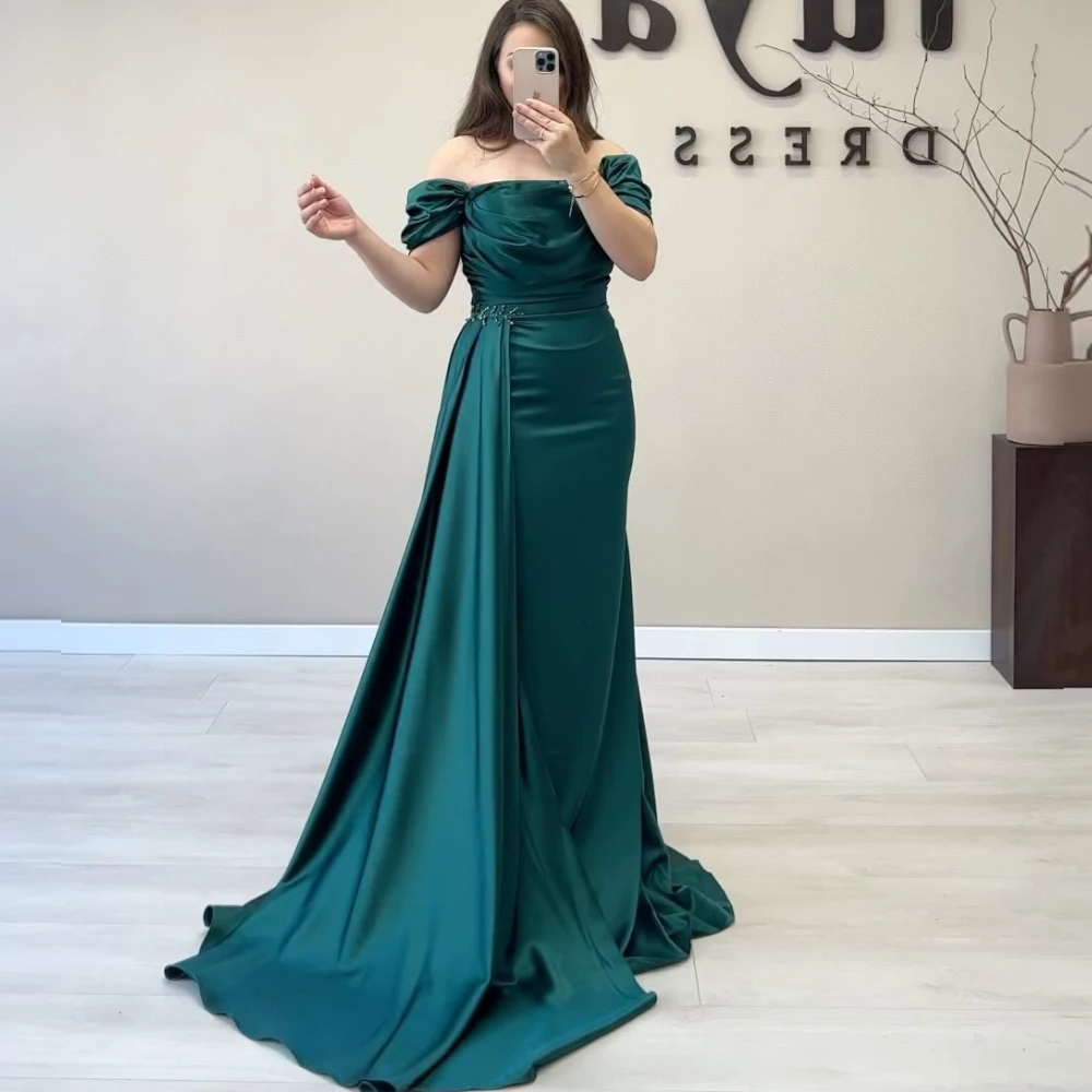 

OEING Off Shoulder Satin Robe De Soirée Custom Made Short Sleeves Pleated Evening Gown Saudi Arabic Party Dress Prom Dresses