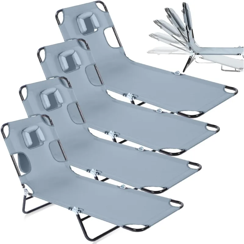 4Pack Tanning Chair Sun Chair Folding Reclining Beach Lounger with Face Arm Hole Adjustable Backrest Pillow Carry Handle Outside