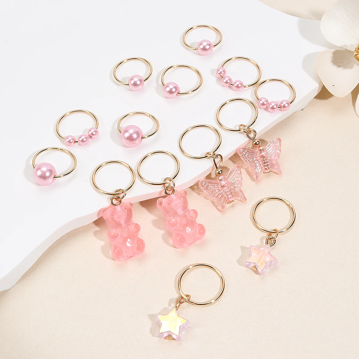 14 teile/paket rosa Perle Stern Bär und Schmetterling Form Haar Zopf Ringe Haar gummis Kinder Haarschmuck für Mädchen Kopf bedeckung – Detail 5