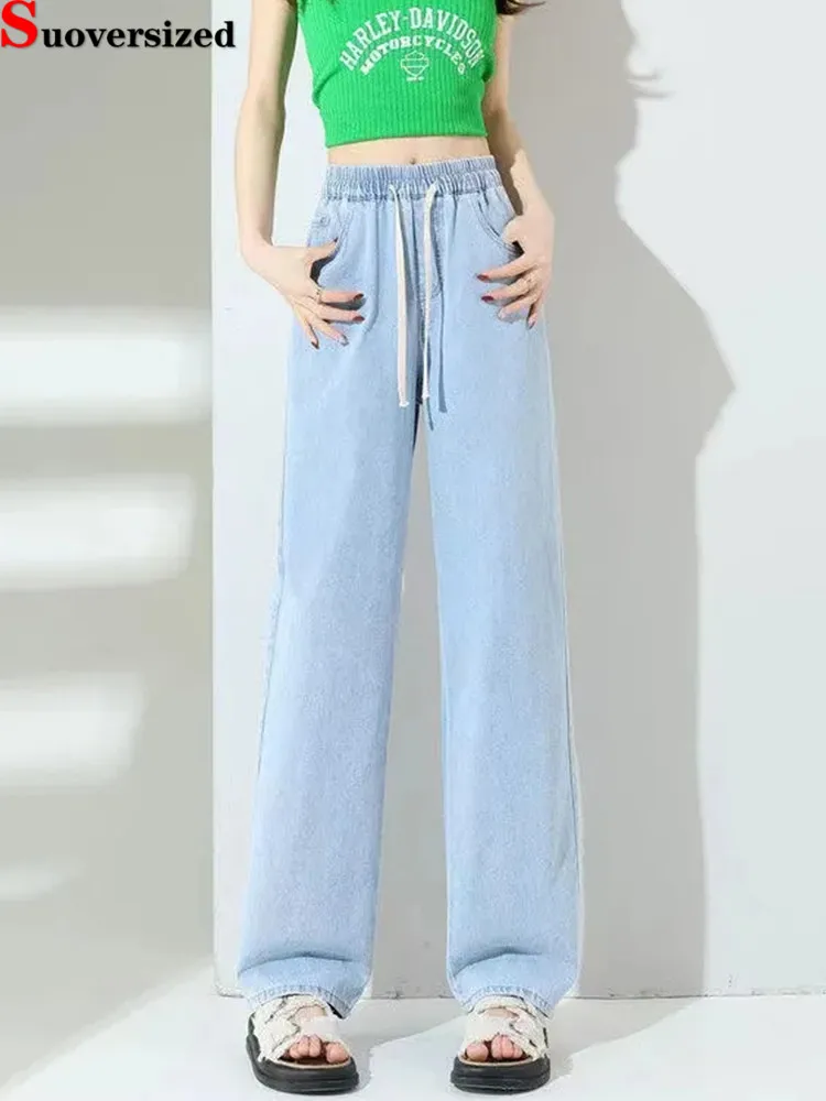 

Loose Lace Up Wide Leg Jeans Casual Fashion High Elastic Waist Straight Vaqueros Vintage Baggy Streetwear New Basic Denim Pants