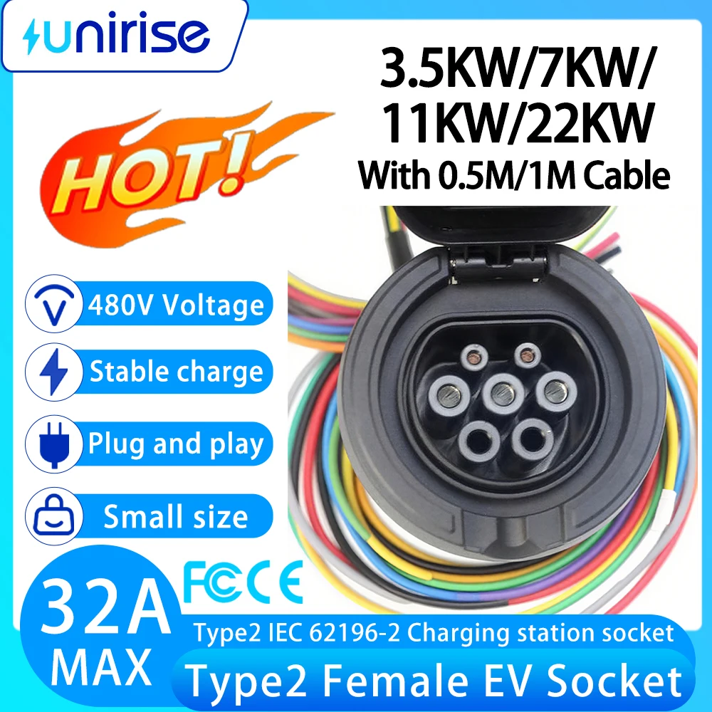 Type2 Female socket 1Phase/3Phase 16A 32A With 0.5M/1M cable For ...
