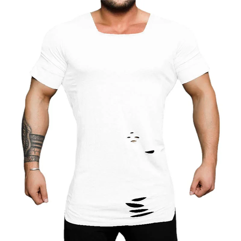 Nový pánská fitka sportovní vintage díra fitness tričko kulturistiky rozšířit dlouhé T košile móda  ležérní krátký rukáv štíhlý vhodný tričko