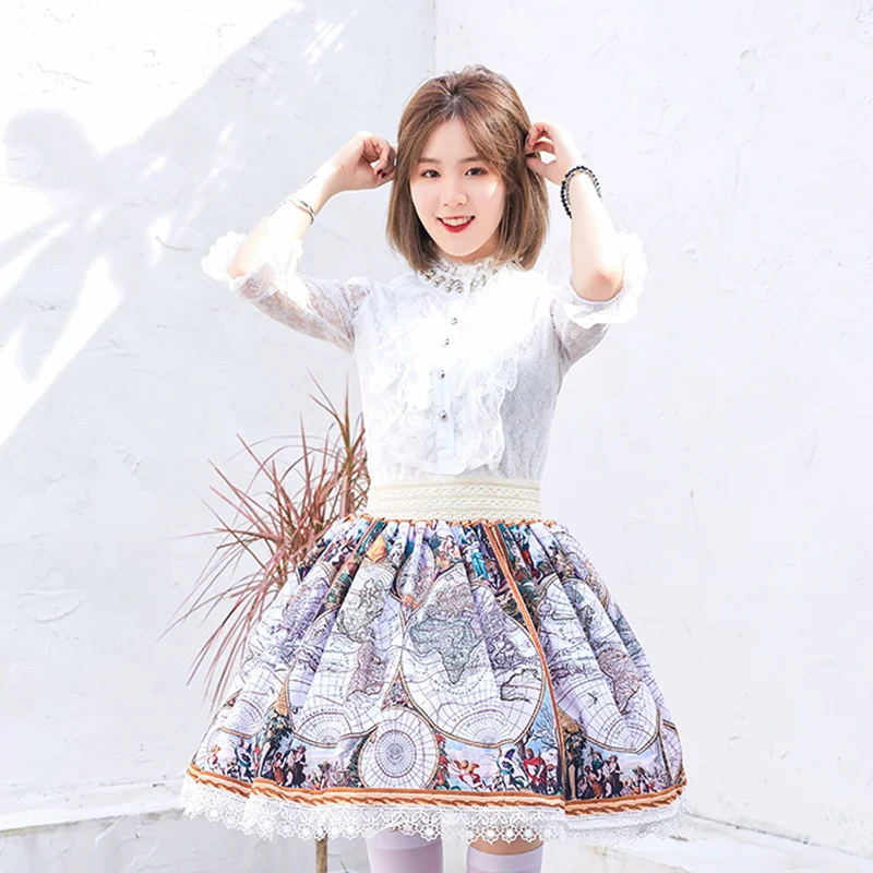 

Ainclu Original Lolita Japanese Vintage Earth Print Pleated Skirt Lace Punk Skirt Lolita Skirt Gift Socks