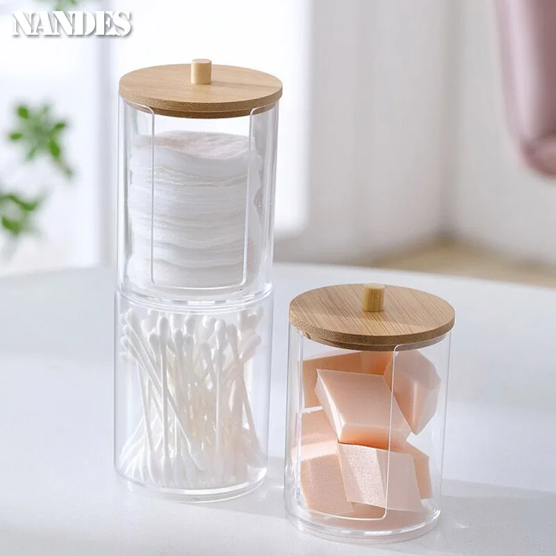 Acrylic Storage Box Bathroom Jar Makeup Organizer Cotton Round Pad Holder Cotton Holder Dispenser with Bamboo Lid Clear Plastic 3