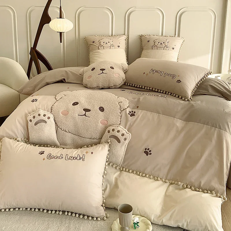 Cute Cartoon Bear Applique Embroidery 100% Cotton Child Bedding Set Single Quilt Cover Bed Comforter Cover Bed Sheet Pillowcases