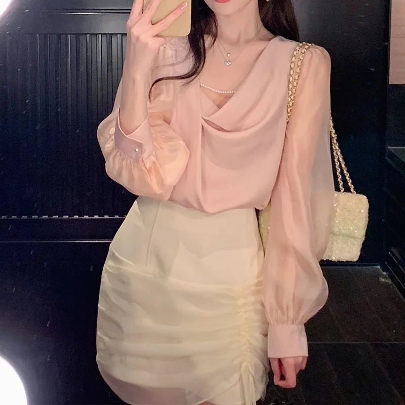 

New autumn puff sleeve satin pink chiffon shirt