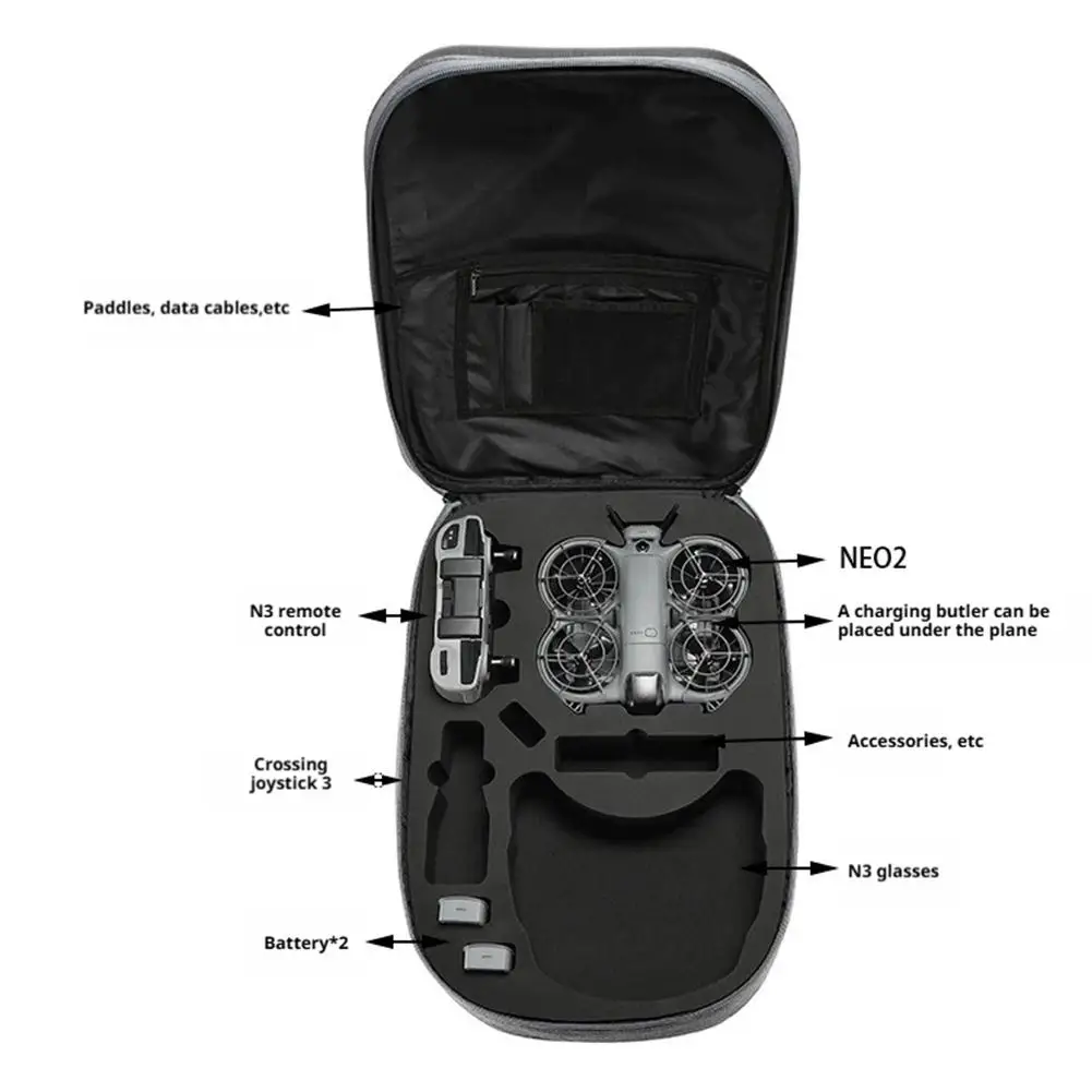 Intérieur du sac à dos rigide étanche pour DJI Neo2 avec compartiments rembourrés pour drone et accessoires.