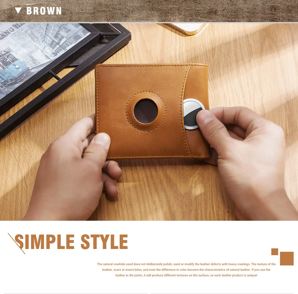 Real Leather RFID Trifold Wallet for Men - Slim Airtag Card Holder with ID Window