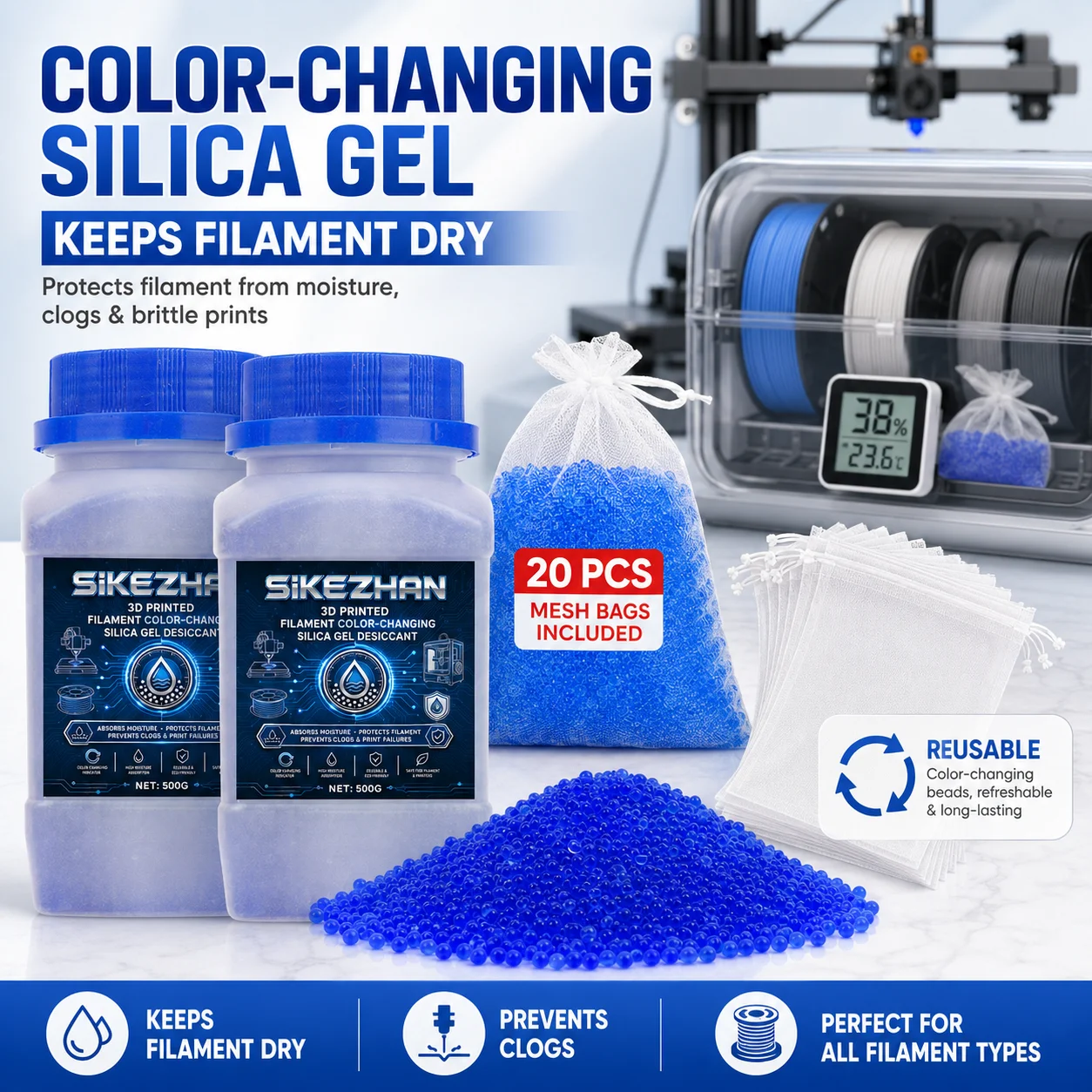 Desecante de Gel de Sílice para Filamento de Impresora 3D, 1000g, Absorbente de Humedad que Cambia de Color con 20 Bolsas de Malla para PLA, PETG, ABS, TPU