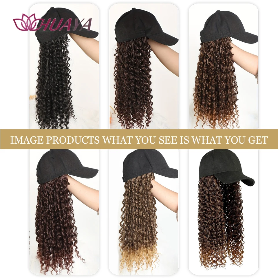 Synthetic Long Kinky Curly Wigs Baseball Cap with 16in Hair Extensions  Hat Adjustable One-piece Wigs for Women