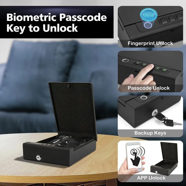 Biometric Technology Portable Gun Safe Box Tuya APP Password Fingerprint Key Unlock Cold-rolled Steel Material Safe Security Box 2