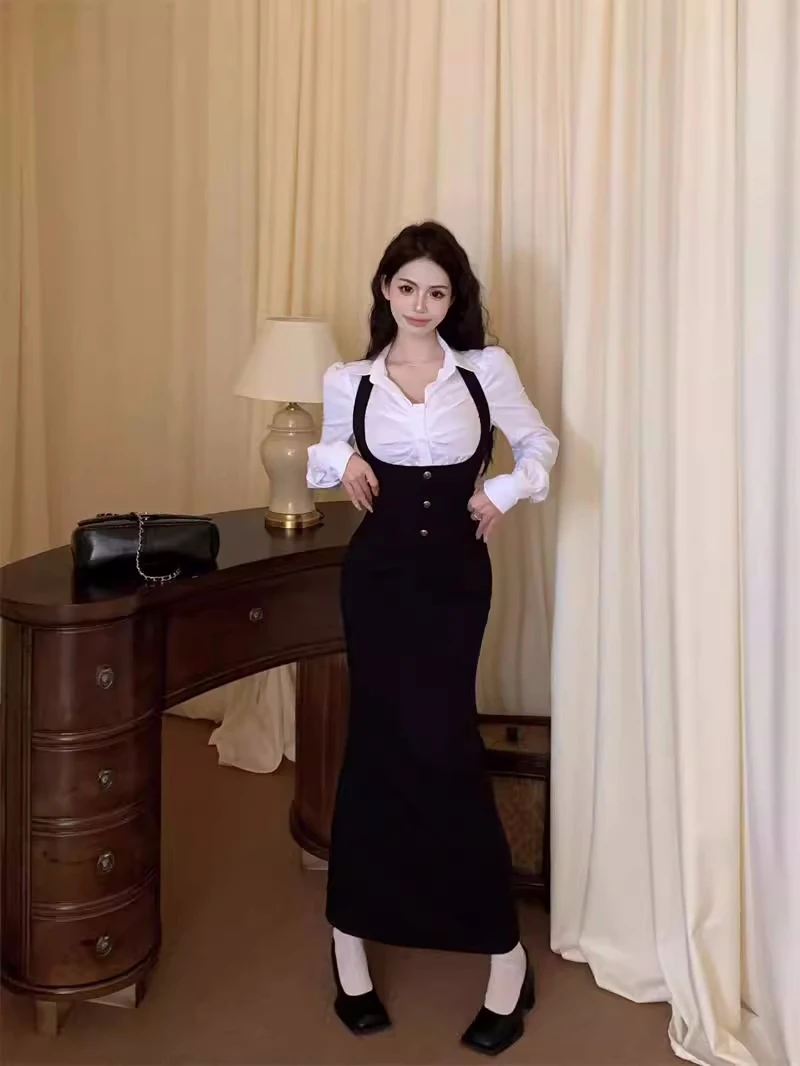 Y2K 3-piece Set Women Crop Coat Blazer White Shirt Halter Sleeveless Bodycon Midi Dress Autumn New Female Korean Chic Outfits