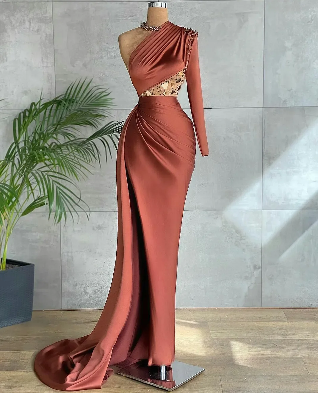 

Elegant russet mermaid satin beaded geometric piece party ball formal occasion custom evening gown вечернее платье
