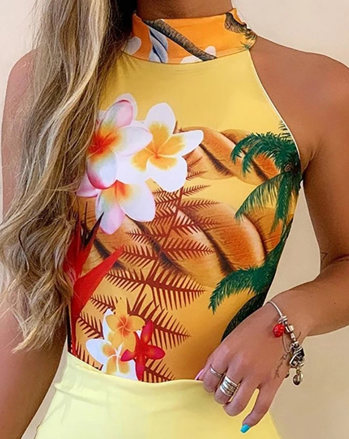 Sexy and Elegant Tropical Flower Printed Sleeveless Top Split Skirt Set 2024 New Daily Women's Wear Set