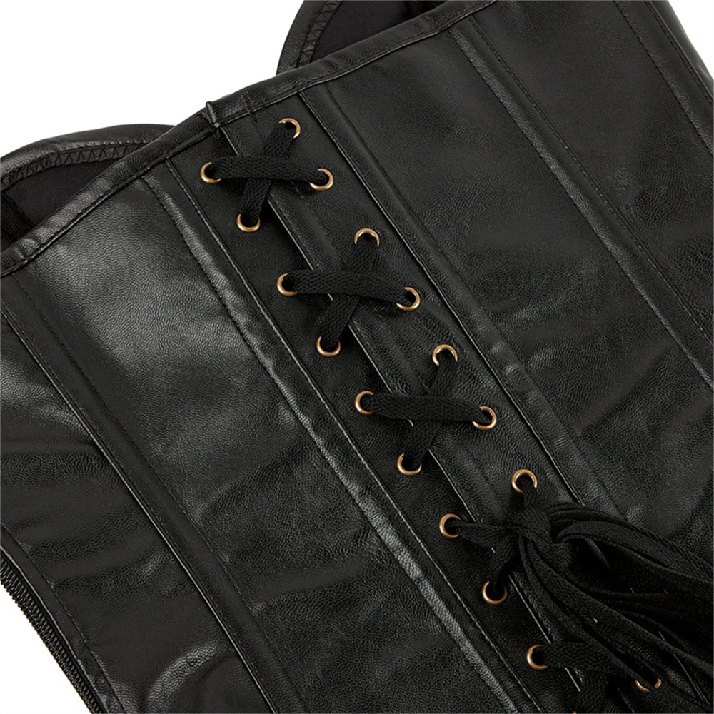 Black PU Faux Leather Overbust Corset Tops Chain Decoration Steampunk Side Zipper Corselet Women Body Shaper Bustier