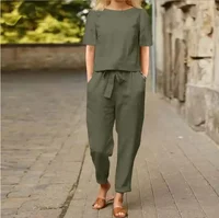 Ensemble deux pièces chemise et pantalon pull pour femmes, costume d'été en coton et lin, manches courtes, col rond, pantalon 2