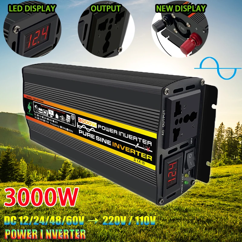 

3000W Home Car Power Inverter DC 60V 48V 24V 12V AC 110V-220V Pure Sine W300ave Inverter Transformer Power Converter for Auto RV