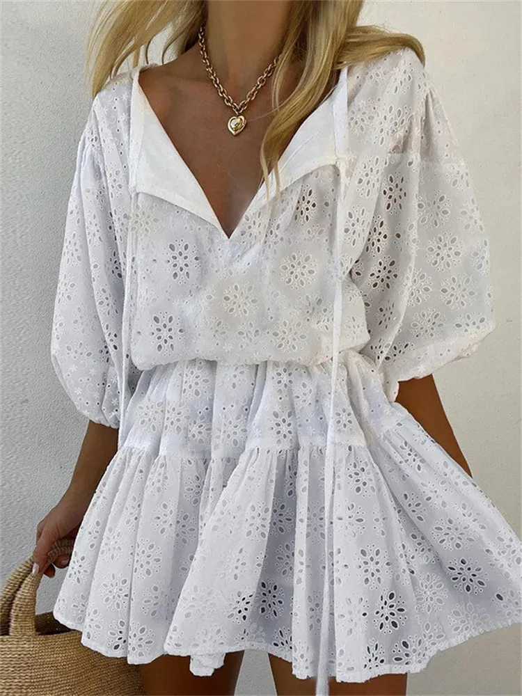 

Elegant Women Lace Floral Short Sleeve Mini Dress V-neck Solid High Waist Hollow Out Party Dress Female Vestidos