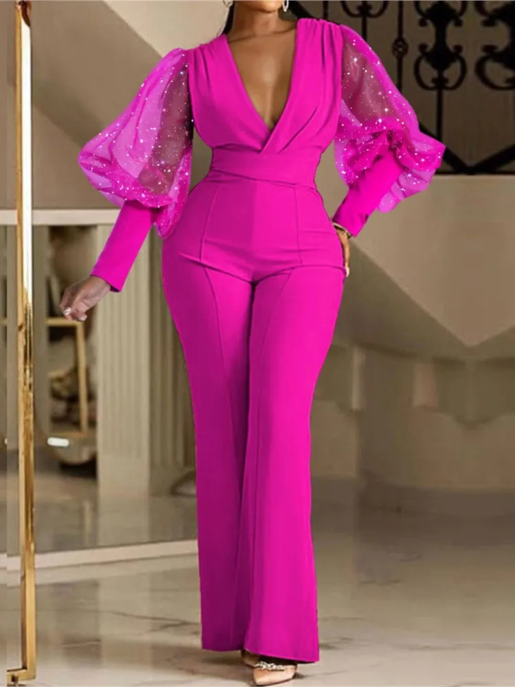 

Ladies Elegant Office Jumpsuit Romper For Women 2023 High Waist Wedding Overalls Sequins Bodycon Long Sleeve Party Jumpsuit Club