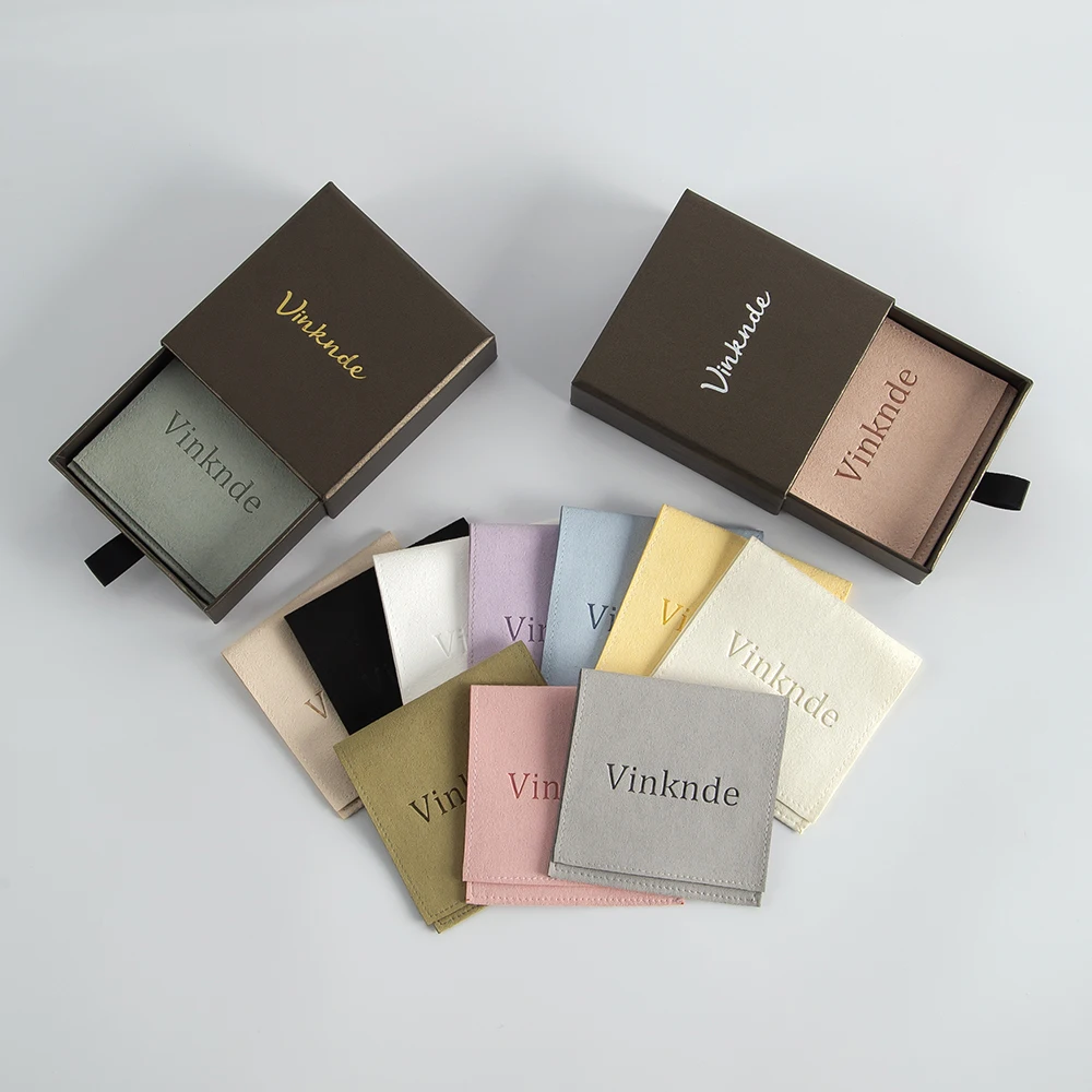 100Sets Personalized Custom Logo Printed Envelope Jewelry Flap Microfiber Bag Package Pouch and Coffee Drawer Paper Storage Box
