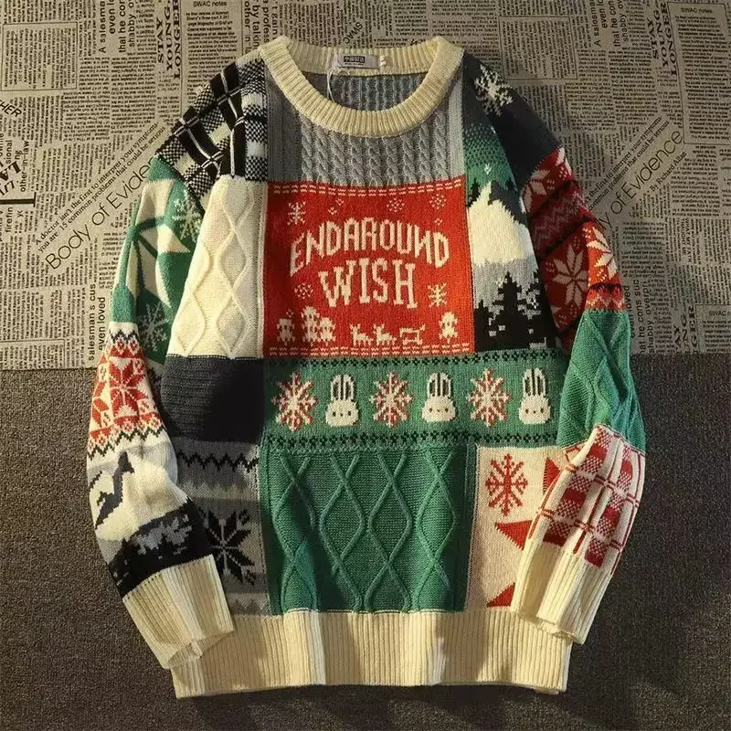 2023 New European and American antique sweater men's large size loose personality lazy oil twist paneled Christmas sweater coat