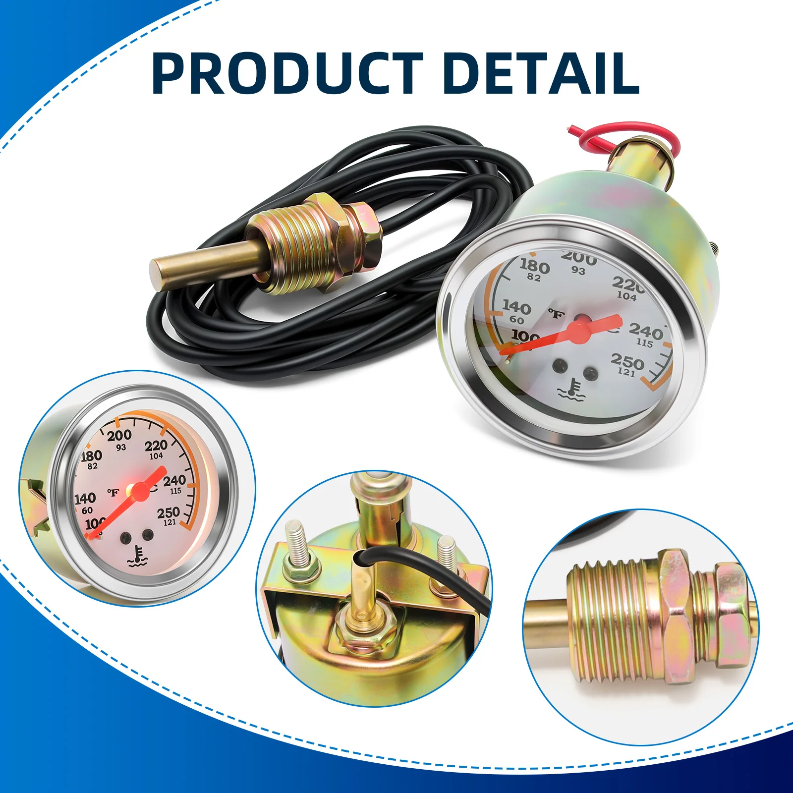 2인치 52mm 12V 수온계 38-121 ° C/100-250 ° F 듀얼 유닛 디지털 자동차 계기판(1/2NPT 수온 센서 포함)