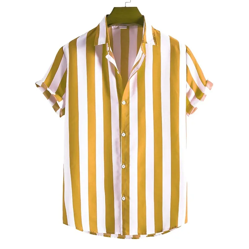 Summer New Contrast Color Striped Fashion Short Sleeve Shirt Man High Street Button Casual Cardigan Harajuku Y2K All-match Tops