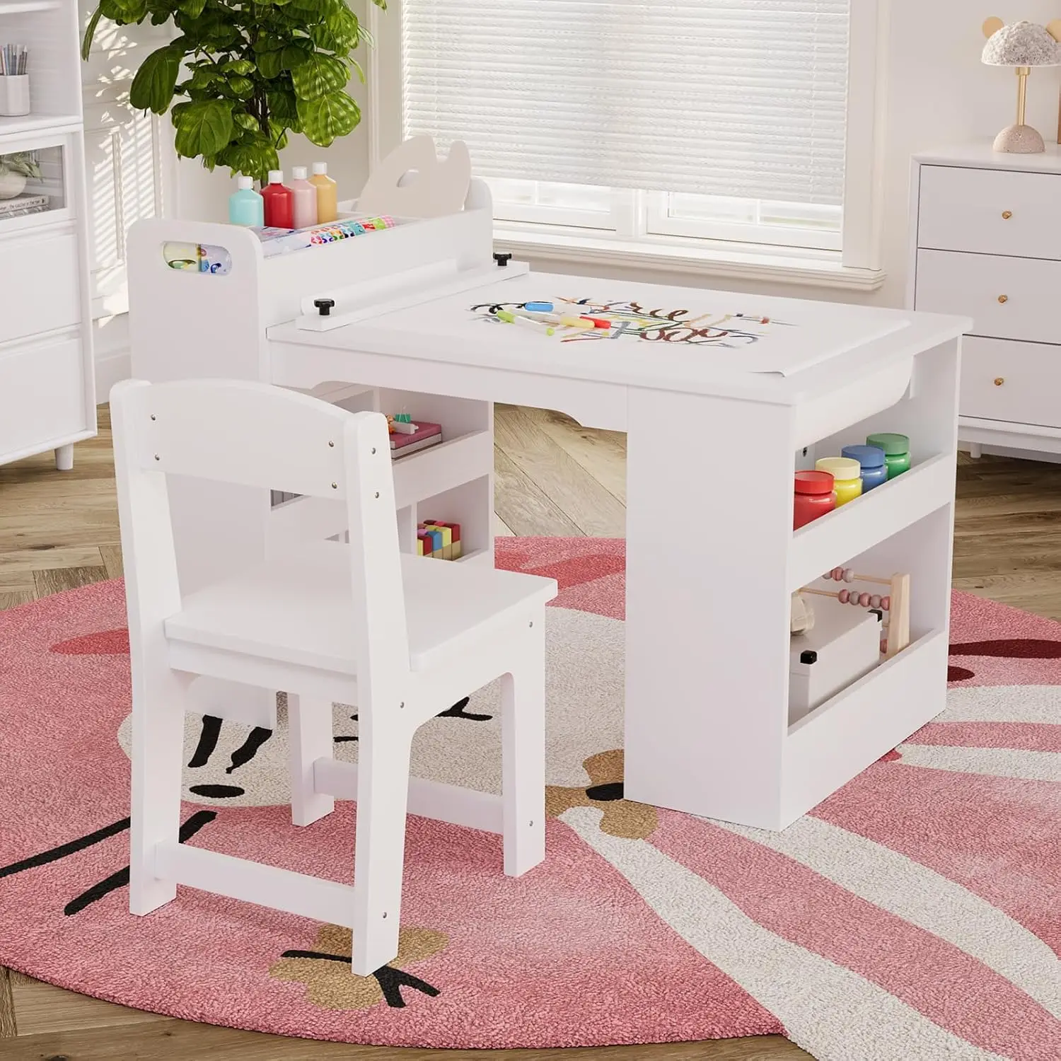 Kinder-Kunsttisch mit 2 Stühlen, Kleinkind-Basteltisch aus Holz mit Großen Aufbewahrungsregalen zum Schreiben und Zeichnen, Kinderzimmer – Detail 8