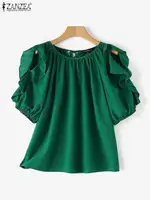 ZANZEA Women Cold Shoulder Blouses Fashion Ruffled Half Sleeve Tops 2024 Back Straps Pleated Tunics Summer Casual Loose Shirts - Image 4