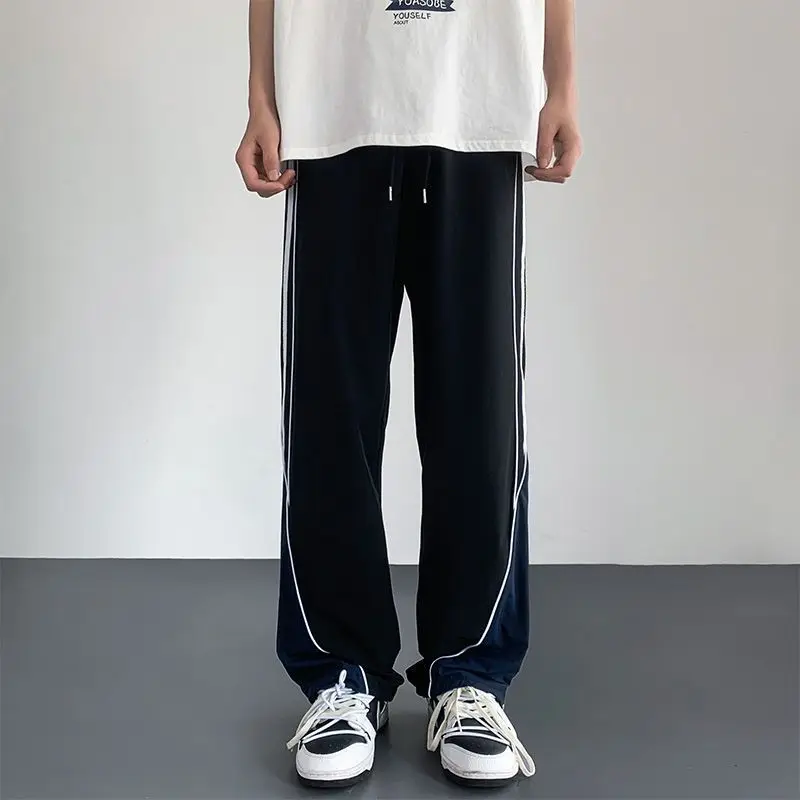 High Street Trendy Casual Pants Men's Solid Side Stripe Patchwork Drawstring Pocket Waterproof Outdoor Sports Straight Trousers