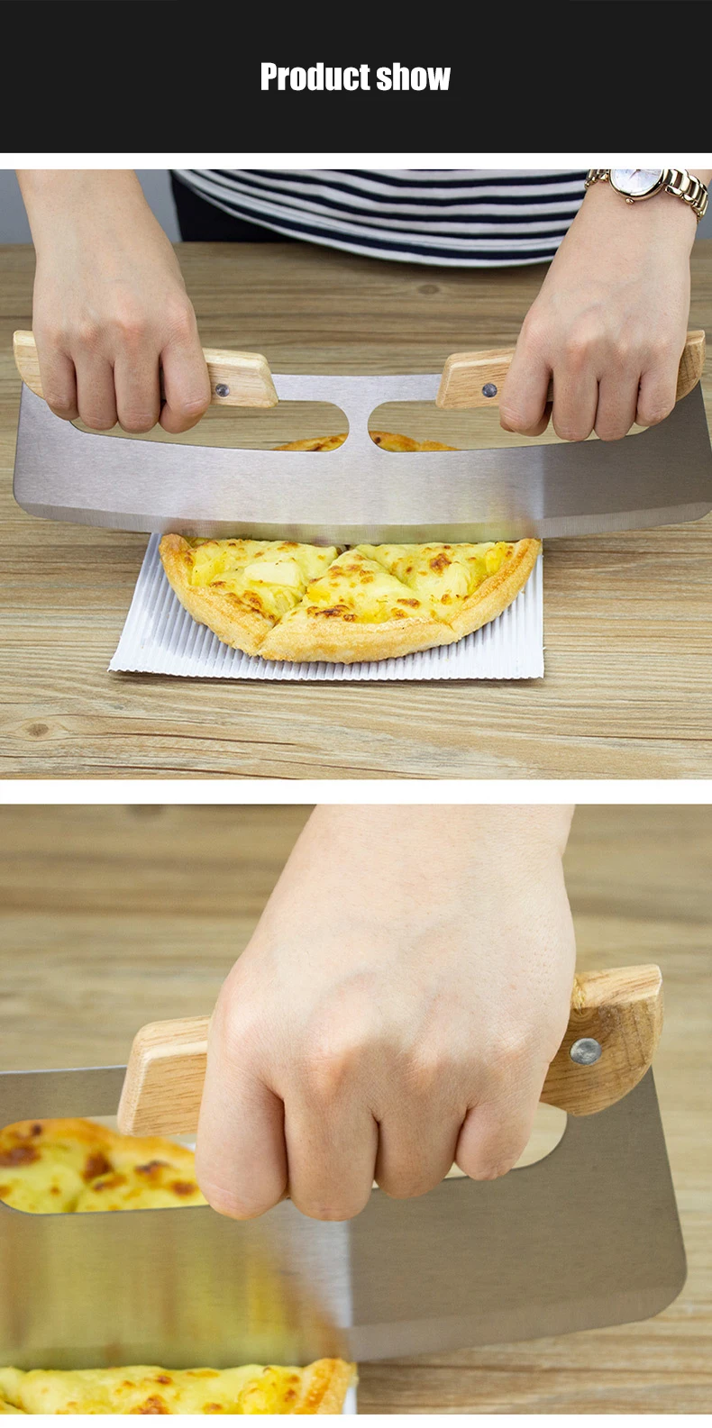 Description Picture 5 of itemPizza Cutter Stainless Steel Pizza Knife Pastry Roller Cutter Home Kitchen Utensils Accessories Wooden Handles Pizza Cutter