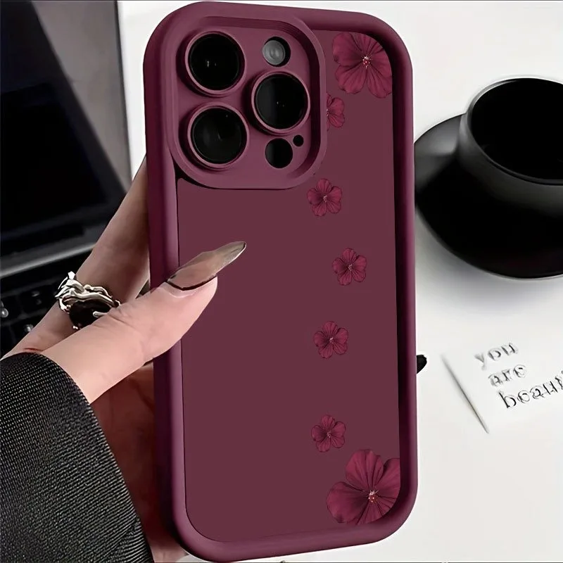Weinrote Blumenmuster TPU Matte Handyhülle für iPhone 18 17 Pro Max Hüllen iPhone Air 16 15 14 13 12 11 7 8 Plus XS X XR Cover