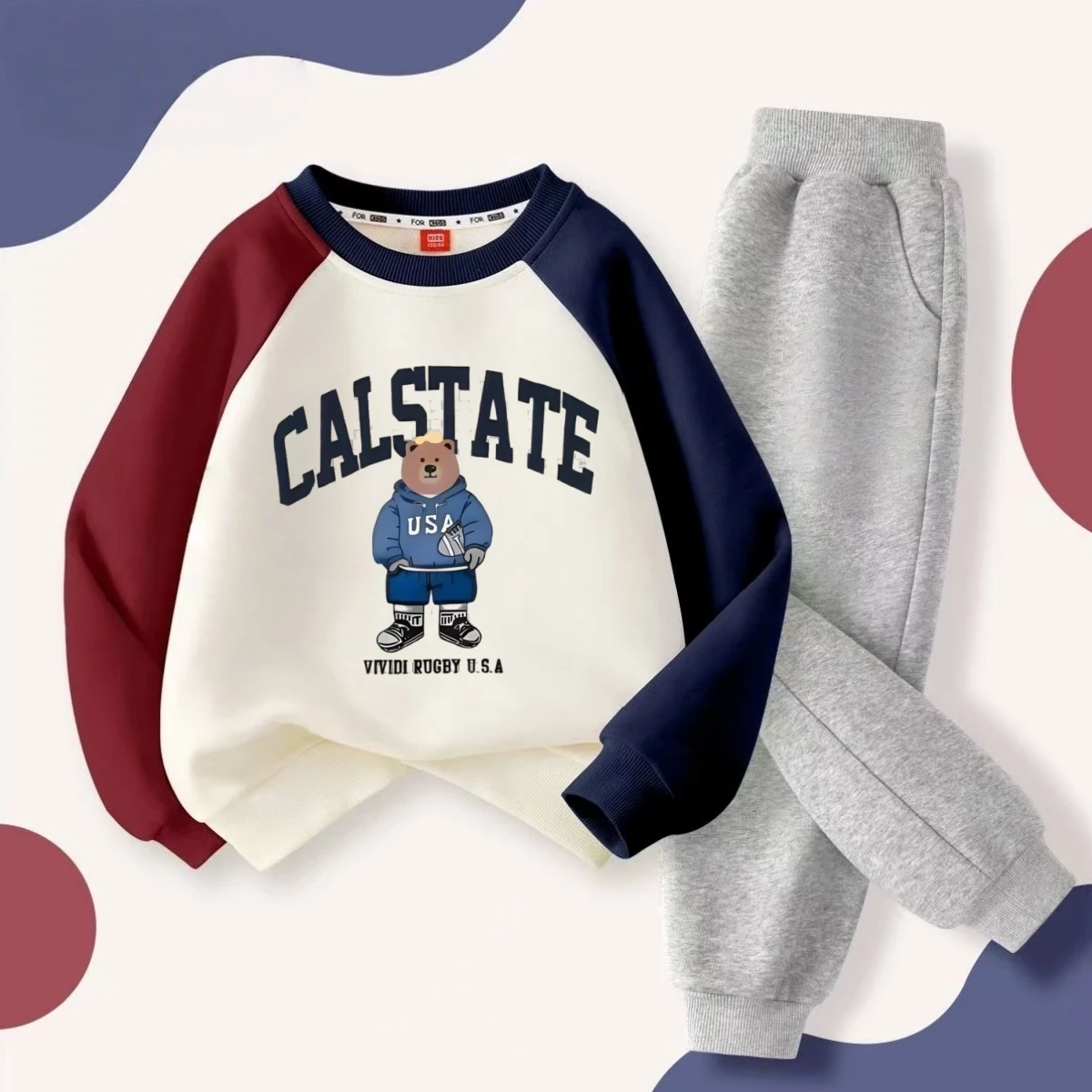 الخريف بيبي بوي الكرتون الدب المطبوعة الملابس مجموعة طفل الأطفال فتاة المرقعة بلوزات البلوز بلوزات وسراويل 2 قطعة الزي البدلة