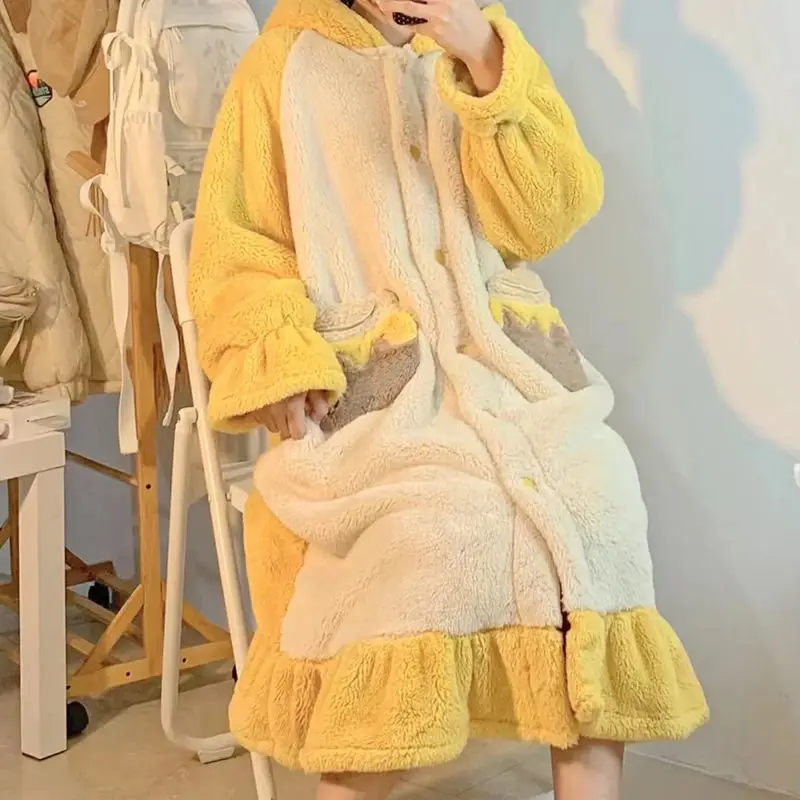 Women Nightgown Winter Flannel Robes Sweet Hooded Sleepshirts Female Warm Cute Casual Loose Thick Bear Pajamas Plush Nightwear