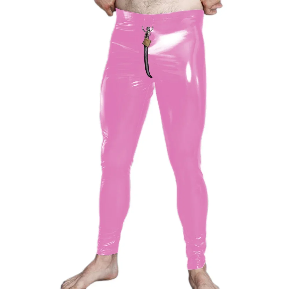 New Men Front Zipper Bright Faux Leather Tight Pants PVC Elastic Performance Trousers Sexy Leggings With lock fetish wear pants